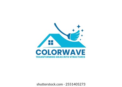 Turquesa casa telhado e varinha mágica formando um design de logotipo de onda colorida cativante.