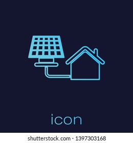Turquoise House with solar panel line icon isolated on blue background. Ecology, solar renewable energy. Eco-friendly house. Environmental Protection. Vector Illustration
