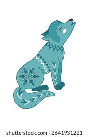 Turquoise howling wolf decorated with decorative patterns in Scandinavian style. Vector New Year illustration, mascot in ethnic style.