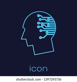 Turquoise Human brain as digital circuit board line icon isolated on blue background. Artificial Intelligence. Human head outline with circuit lines inside. Vector Illustration