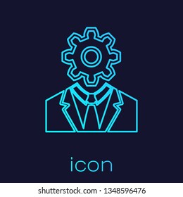 Turquoise Human head with gear inside line icon isolated on blue background. Artificial intelligence. Thinking brain sign. Symbol work of brain. Vector Illustration