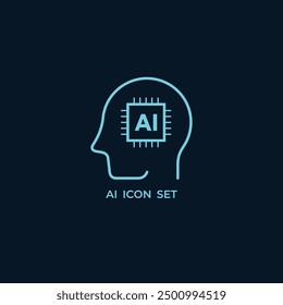 Turquoise Human head with gear inside line icon isolated on blue background. 