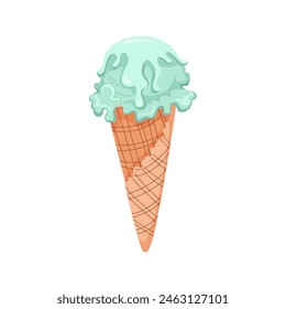 Turquoise ice cream in waffle cone. Summer treat during hot weather. Sweet cold dessert for children. Summer Illustration for recipe cookbook, banner, postcard, menu. Vector flat illustration.