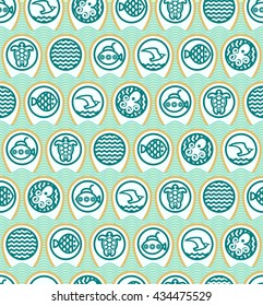 turquoise icons seabirds, marine equipment and facilities on the background of blue waves, seamless pattern