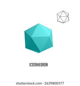 Turquoise icosahedron rotating in white space with wireframe version, perfect for educational and scientific projects related to geometry, mathematics and sacred geometry