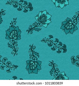 Turquoise indian seamless vector floral pattern, intricate stamp design, kalamkari