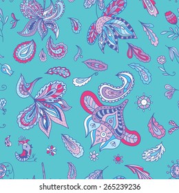 Turquoise Indian Wallpaper | Vector seamless pattern with indian paisley ornaments and flowers in doodle sketch ethnic style for design
