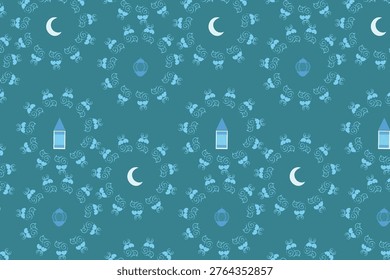Turquoise islamic moon and lantern lattice seamless pattern in festive style with delicate star and floral medallions