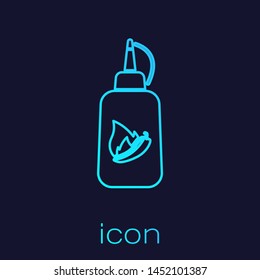 Turquoise Ketchup bottle line icon isolated on blue background. Fire flame icon. Hot chili pepper pod sign. Barbecue and BBQ grill symbol. Vector Illustration