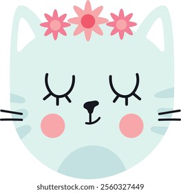 Turquoise kitten face adorned with pink flowers, featuring closed eyes, rosy cheeks, and a light blue chin, creating a charming and adorable vector illustration perfect for kids