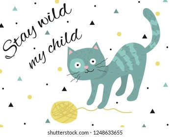 Turquoise kitten playing with a yellow glomerulus. Stay wild my child. Can be used as a postcard, a poster in the children's room, print.