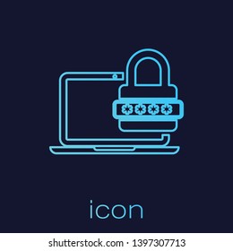 Turquoise Laptop with password notification and lock line icon isolated on blue background. Concept of security, personal access, user authorization, login form. Vector Illustration