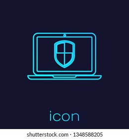 Turquoise Laptop protected with shield symbol line icon isolated on blue background. Internet security concept. PC security, firewall technology, privacy safety. Vector Illustration