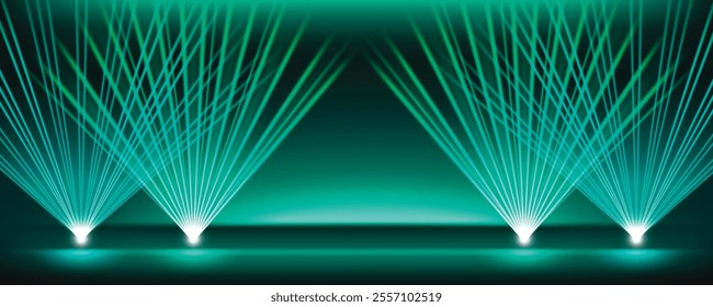 Turquoise laser lights on stage background. Vector realistic illustration of bright neon illumination for nightclub show, dance party, disco club, presentation backdrop, podium with floodlight effect