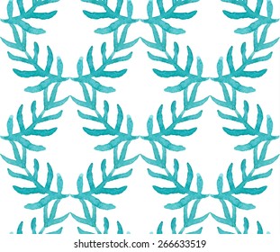 Turquoise leaf Geometric watercolor seamless pattern. Vector