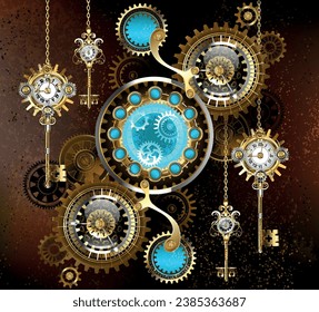 Turquoise lenses with an antique watch with brass gears and golden keys on rusty, brown background. Steampunk style. hand drawn vector art