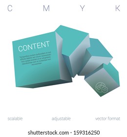 Turquoise - light blue edition of a scalable adjustable  3d vector abstract geometric composition of four, three dimensional squares in empty space as a web design element or for universal use 