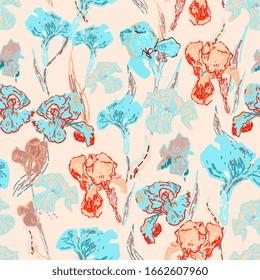 Turquoise light blue irises flowers on a background of red beige, cream color. Vector illustration, seamless pattern based on the oil painting of Van Gogh.