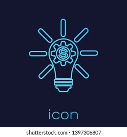 Turquoise Light bulb with gear inside and dollar symbol line icon isolated on blue background. Fintech innovation concept. Vector Illustration