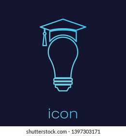Turquoise Light bulb and graduation cap line icon isolated on blue background. University Education concept. Vector Illustration