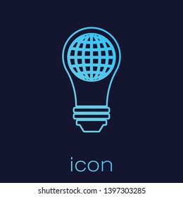 Turquoise Light bulb with inside world globe line icon isolated on blue background. Planet Earth on the lamp. Global ecology concept. Vector Illustration