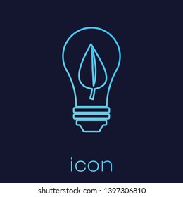 Turquoise Light bulb with leaf line icon isolated on blue background. Eco energy concept. Alternative energy concept. Vector Illustration