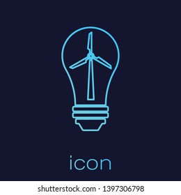 Turquoise Light bulb with wind turbine as idea of eco friendly source of energy line icon isolated on blue background. Alternative energy concept. Vector Illustration