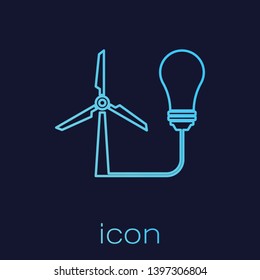 Turquoise Light bulb with wind turbine as idea of eco friendly source of energy line icon isolated on blue background. Alternative energy concept. Vector Illustration