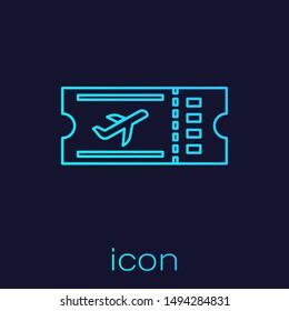 Turquoise line Airline ticket icon isolated on blue background. Plane ticket.  Vector Illustration