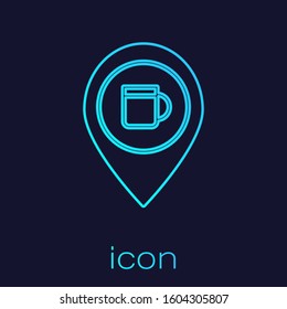 Turquoise line Alcohol or beer bar location icon isolated on blue background. Symbol of drinking, pub, club, bar.  Vector Illustration
