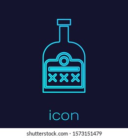 Turquoise line Alcohol drink Rum bottle icon isolated on blue background.  Vector Illustration