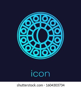 Turquoise line Astrology horoscope circle with zodiac icon isolated on blue background.  Vector Illustration