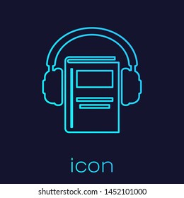 Turquoise line Audio book icon isolated on blue background. Book with headphones. Audio guide sign. Online learning concept.  Vector Illustration