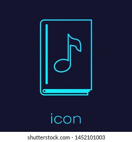 Turquoise line Audio book icon isolated on blue background. Musical note with book. Audio guide sign. Online learning concept.  Vector Illustration