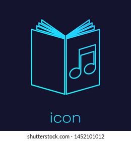 Turquoise line Audio book icon isolated on blue background. Musical note with book. Audio guide sign. Online learning concept.  Vector Illustration