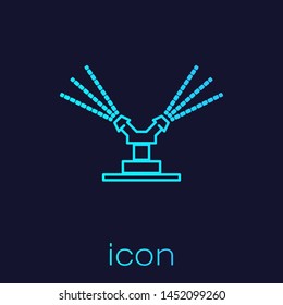 Turquoise line Automatic irrigation sprinklers icon isolated on blue background. Watering equipment. Garden element. Spray gun icon.  Vector Illustration