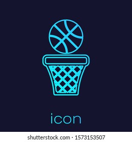 Turquoise line Basketball ball and basket icon isolated on blue background. Ball in basketball hoop.  Vector Illustration