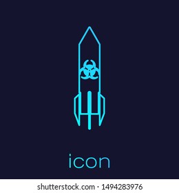 Turquoise line Biohazard rocket icon isolated on blue background. Rocket bomb flies down.  Vector Illustration