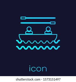 Turquoise line Boat with oars and people icon isolated on blue background. Water sports, extreme sports, holiday, vacation, team building.  Vector Illustration