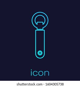 Turquoise line Bottle opener icon isolated on blue background.  Vector Illustration