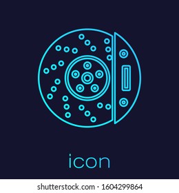Turquoise line Car brake disk with caliper icon isolated on blue background.  Vector Illustration