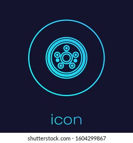 Turquoise line Car brake disk icon isolated on blue background.  Vector Illustration