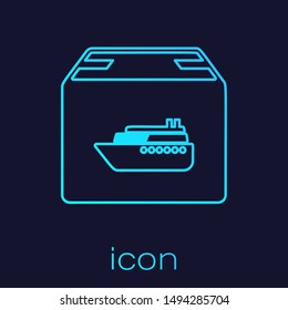 Turquoise line Cargo ship with boxes delivery service icon isolated on blue background. Delivery, transportation. Freighter with parcels, boxes, goods.  Vector Illustration