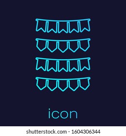 Turquoise line Carnival garland with flags icon isolated on blue background. Party pennants for birthday celebration, festival and fair decoration.  Vector Illustration