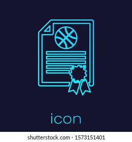 Turquoise line Certificate template basketball award icon isolated on blue background. Achievement, award, degree, grant, diploma concepts.  Vector Illustration