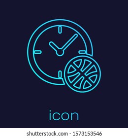 Turquoise line Clock with basketball ball inside icon isolated on blue background. Basketball time. Sport and training.  Vector Illustration