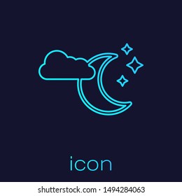 Turquoise line Cloud with moon and stars icon isolated on blue background. Cloudy night sign. Sleep dreams symbol. Night or bed time sign.  Vector Illustration