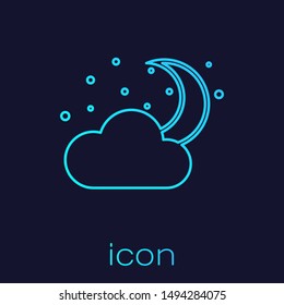 Turquoise line Cloud with moon and stars icon isolated on blue background. Cloudy night sign. Sleep dreams symbol. Night or bed time sign.  Vector Illustration