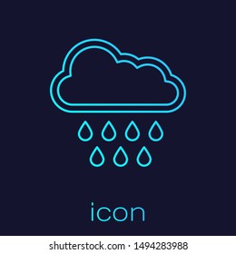 Turquoise line Cloud with rain icon isolated on blue background. Rain cloud precipitation with rain drops.  Vector Illustration
