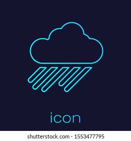Turquoise line Cloud with rain icon isolated on blue background. Rain cloud precipitation with rain drops.  Vector Illustration